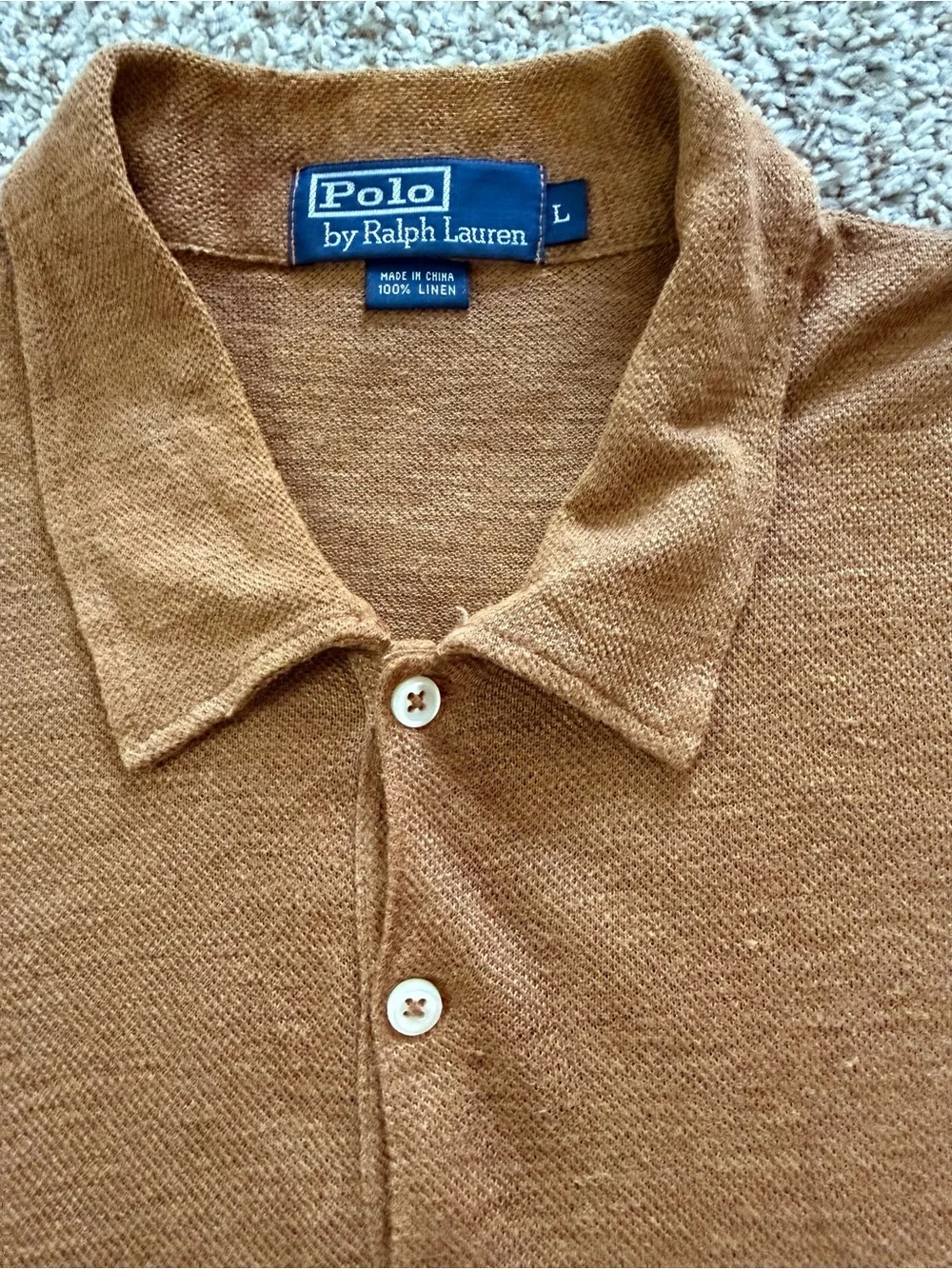 Vintage Polo Ralph Lauren 100% Linen Knit Polo Shirt Brown Tan Mesh Mens Large
